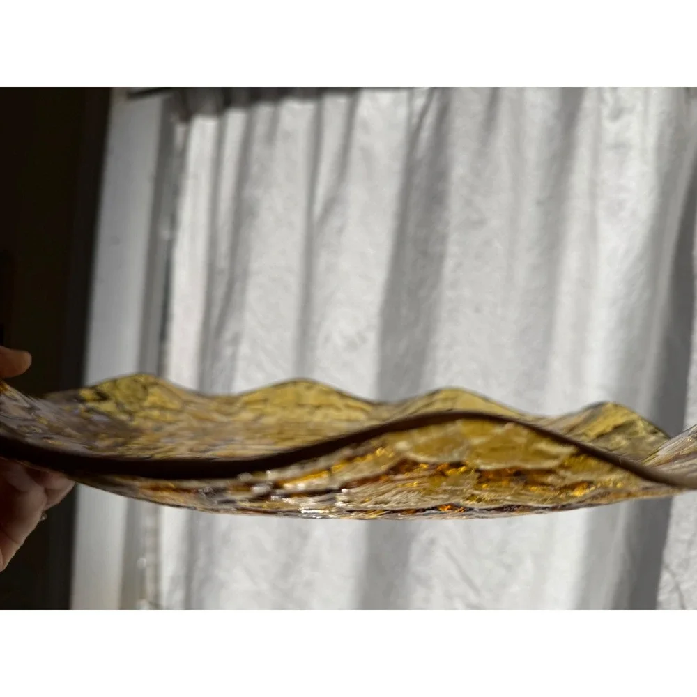Vtg. Glass Serving Plate Amber Hammered Scalloped MCM Retro Decor